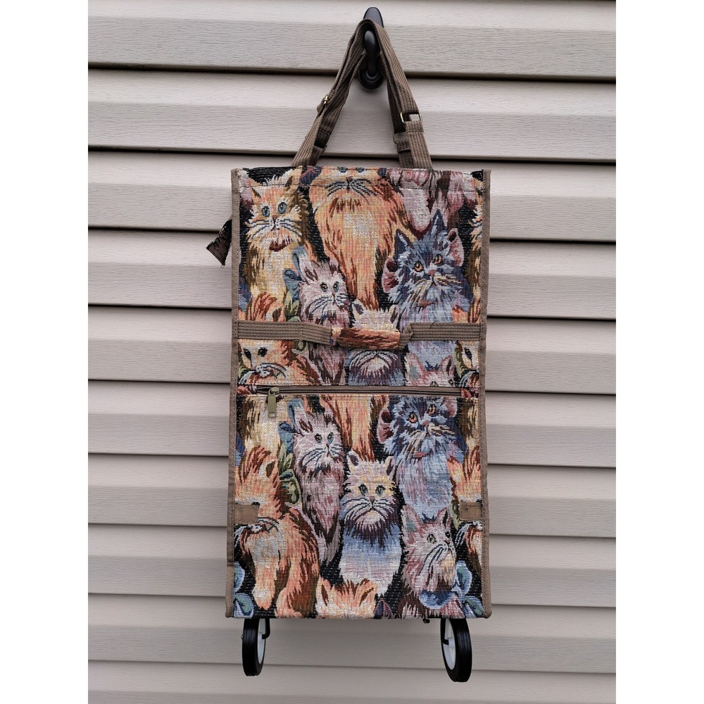 VTG Cat Tapestry Textile Collapsible Rolling Bag Tote Zipper Closure New